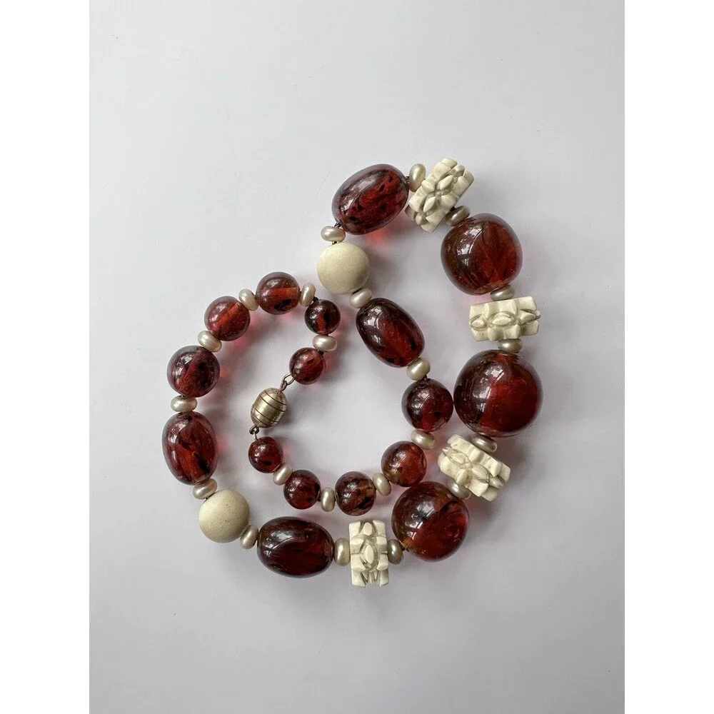 Vintage 1930s Louis Rousselet Art Deco Amber Glass Bead Carved Galalith Necklace